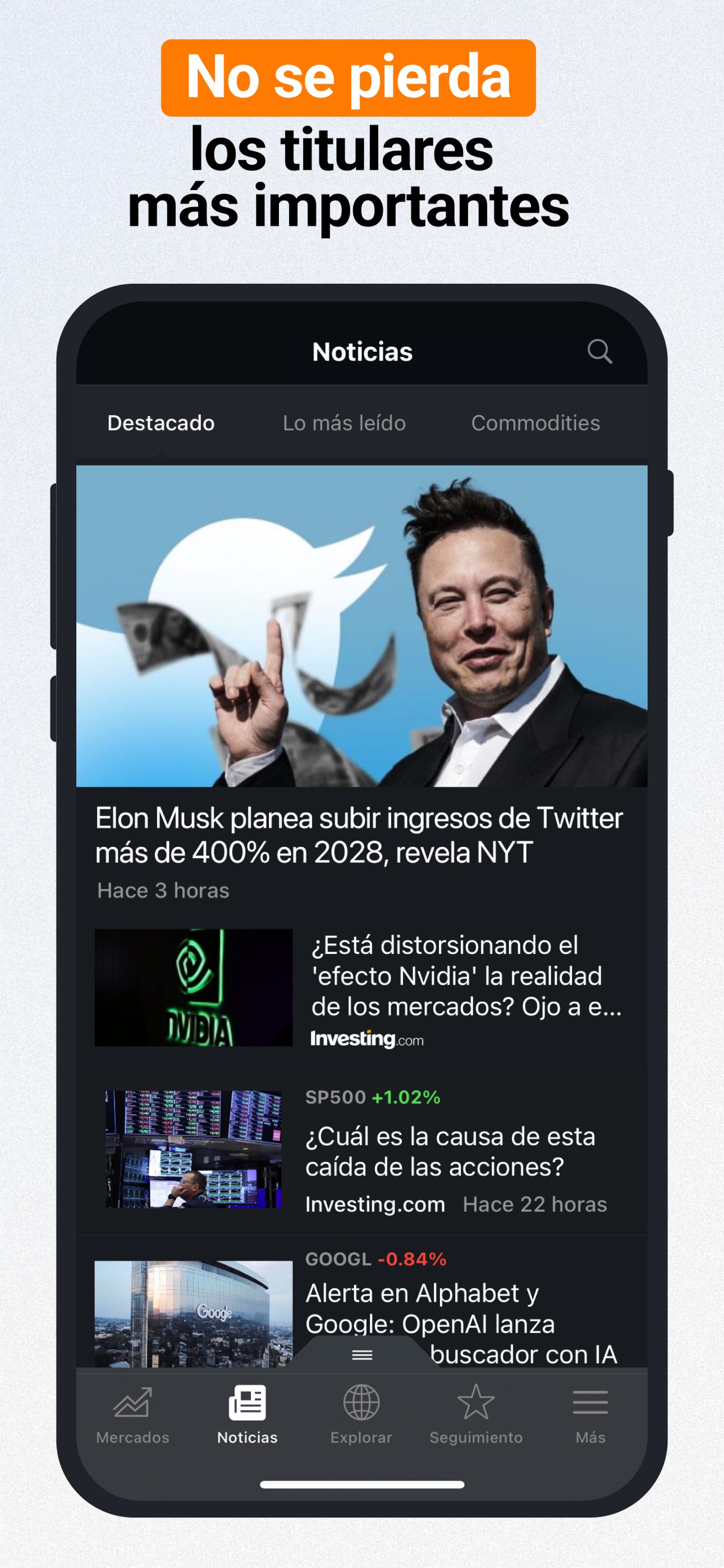 Captura de pantalla de Investing.com: Bolsa, noticias: Análisis Completo de la App