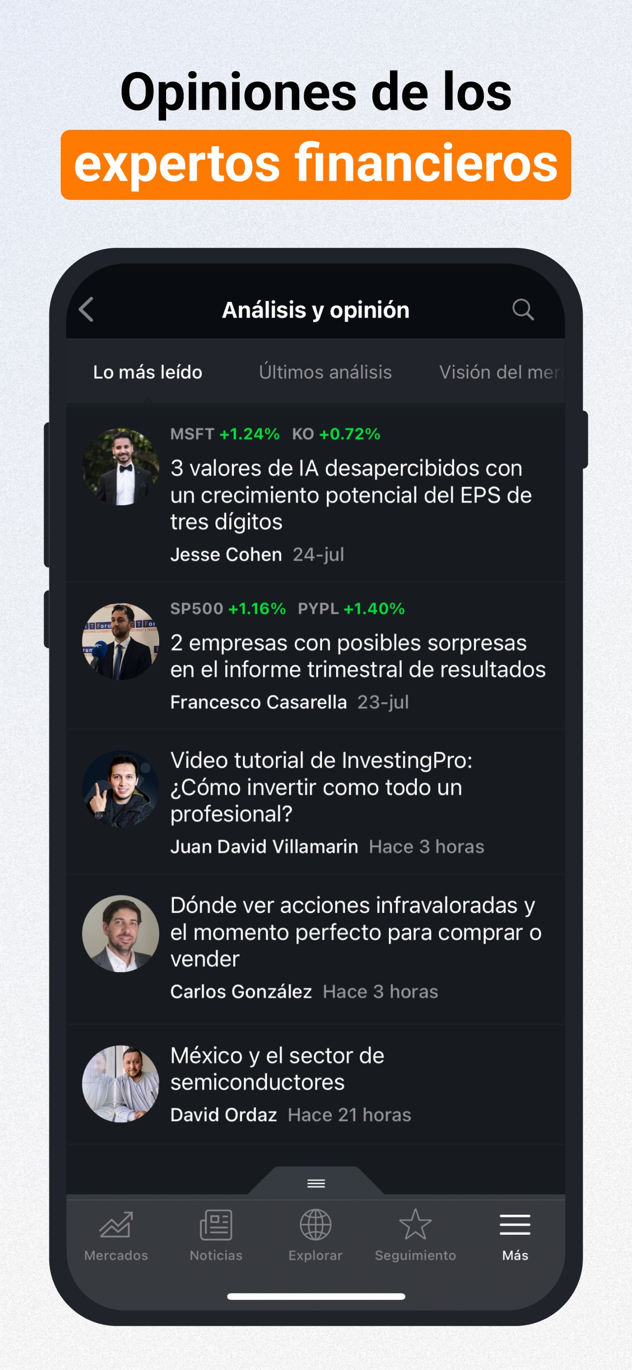 Captura de pantalla de Investing.com: Bolsa, noticias: Análisis Completo de la App
