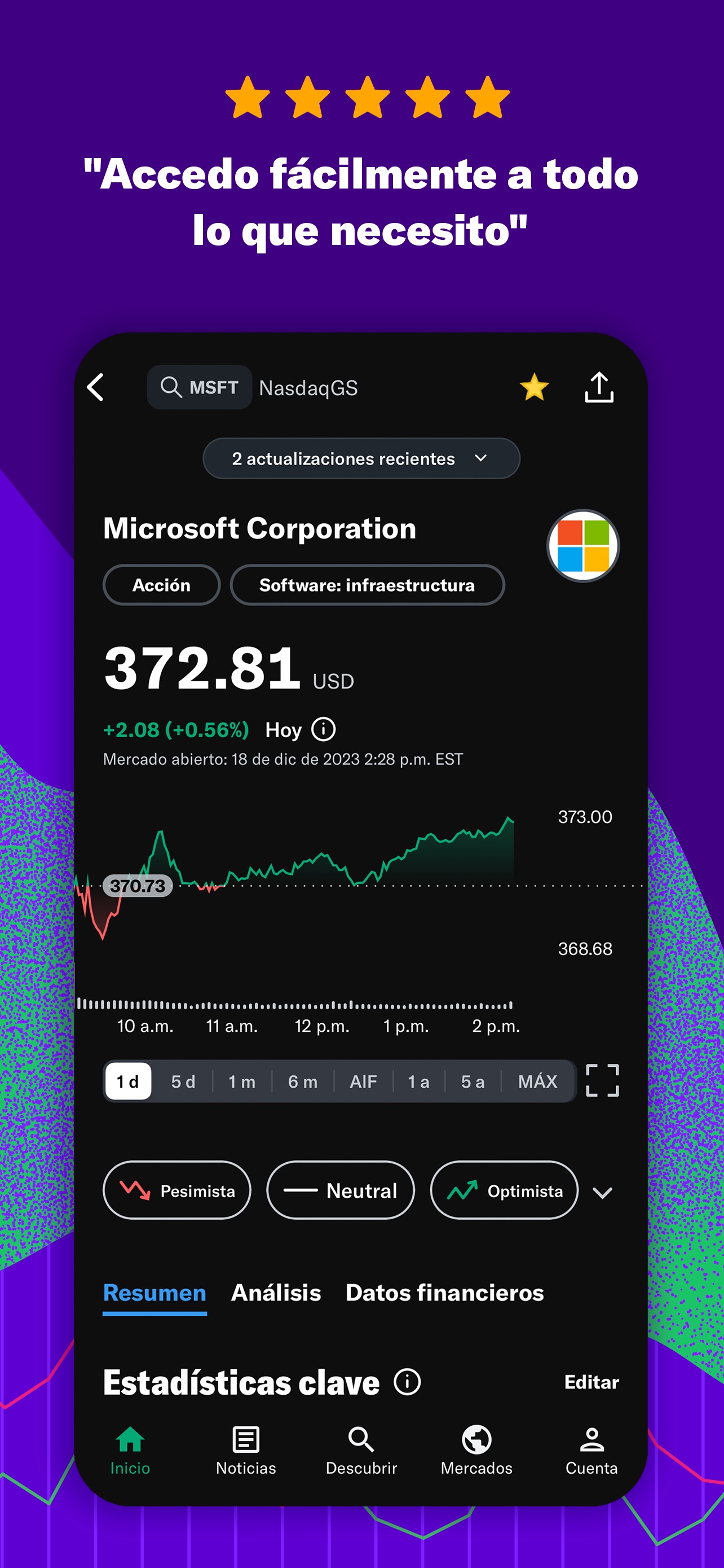 Captura de pantalla de Yahoo Finanzas: Análisis Completo de la App